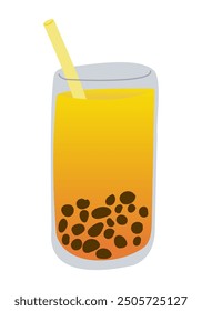 Bubble orange tea with tapioca pearls in glass with straw in flat style. Summer vacation vector illustration isolated on white background. Good for decoration, stickers and logo