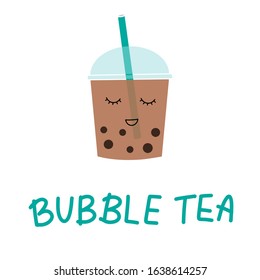 Bubble pearl milk tea. Boba refreshing mixed beverage. Vector illustration with hand lettering for catering advertisement, menu template, poster in coffee shop. Cartoon style drink.