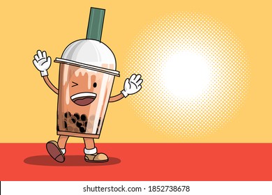 Bubble Pearl Milk Tea Cartoon Character on orange Background and White Halftone for Copyspace. Drawing freehand vector illustration with layers.