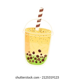 Bubble pearl milk tea with fruits flavors and boba balls. Asian drink in cup with straw. Cold summer cocktail, Thai bubbletea with tapioca. Flat vector illustration isolated on white background