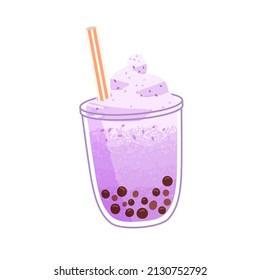 Bubble pearl tea in glass cup. Taro boba milk drink with cream and straw. Asian tapioca beverage with coffee beans. Sweet Thai milkshake. Flat vector illustration isolated on white background