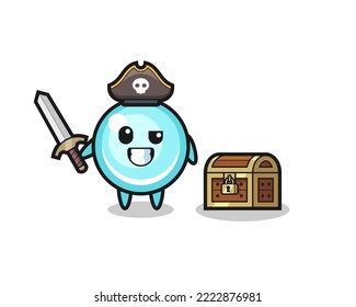 the bubble pirate character holding sword beside a treasure box , cute style design for t shirt, sticker, logo element
