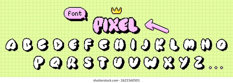 Bubble pixel art outline alphabet font set. Retro 8-bit balloon typeface in trendy retro y2k game style. Isolated vector typography, lettering.