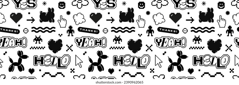 Bubble and pixel Y2k retro seamless pattern. Balloon abstract shapes and 8bit icons in trendy retro style. Hello and yeah words. Cartoon graffiti tattoo vector background.