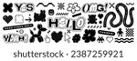 Bubble and pixel Y2k retro sticker pack. Balloon abstract shapes and 8bit icons in trendy retro style. Hello omg yeah. Cartoon graffiti tattoo vector illustration isolated on white background.