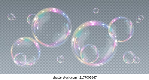 Bubble PNG. Set of realistic soap bubbles. Bubbles are located on a transparent background. Vector flying soap bubbles. Water glass bubble realistic png