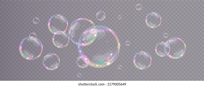 Bubble PNG. Set of realistic soap bubbles. Bubbles are located on a transparent background. Vector flying soap bubbles. Water glass bubble realistic png