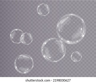 Bubble PNG. Set Of Realistic Soap Bubbles. Bubbles Are Located On A Transparent Background. Vector Flying Soap Bubbles. Water Glass Bubble Realistic Png