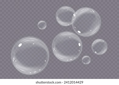 Bubble PNG. Set of realistic soap bubbles. Bubbles are located on a transparent background. Vector flying soap bubbles. Water glass bubble realistic png