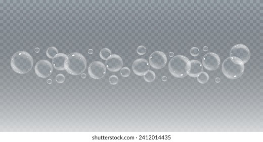 Bubble PNG. Set of realistic soap bubbles. Bubbles are located on a transparent background. Vector flying soap bubbles. Water glass bubble realistic png