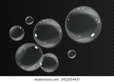 Bubble PNG. Set of realistic soap bubbles. Bubbles are located on a transparent background. Vector flying soap bubbles. Water glass bubble realistic png