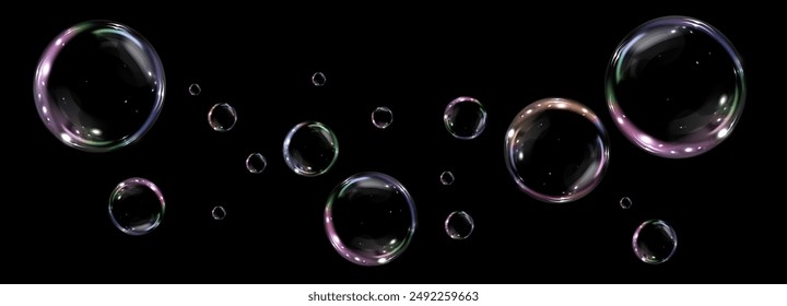 Bubble PNG. Set of realistic soap bubbles. Bubbles are located on a transparent background. Vector flying soap bubbles. Water glass bubble realistic png	