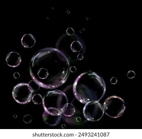 Bubble PNG. Set of realistic soap bubbles. Bubbles are located on a transparent background. Vector flying soap bubbles. Water glass bubble realistic png