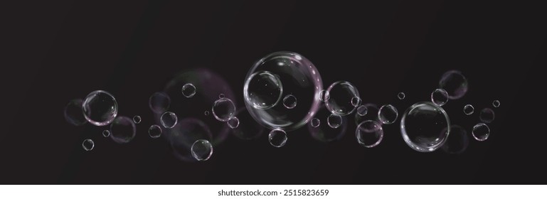Bubble PNG. Set of realistic soap bubbles. Bubbles are located on a black background. Vector flying soap bubbles. Water glass bubble realistic png