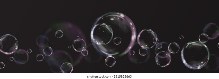 Bubble PNG. Set of realistic soap bubbles. Bubbles are located on a black background. Vector flying soap bubbles. Water glass bubble realistic png