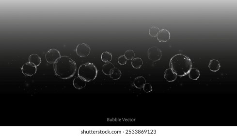 Bubble PNG. Set of realistic soap bubbles. Bubbles are located on a black background. Vector flying soap bubbles. Water glass bubble realistic png