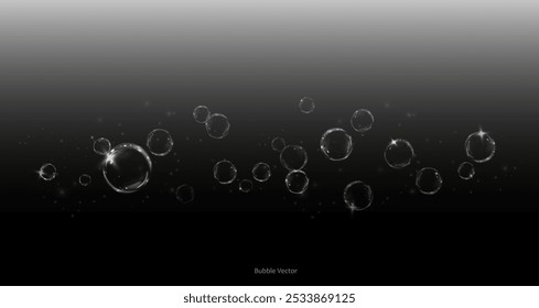 Blase PNG. Satz realistischer Seifenblasen. Blasen befinden sich auf schwarzem Hintergrund. Vektorfliegende Seifenblasen. Wasserglas Blase realistisch png