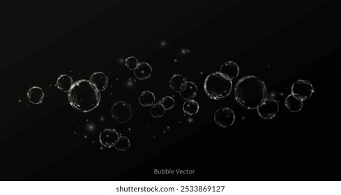 Bubble PNG. Set of realistic soap bubbles. Bubbles are located on a black background. Vector flying soap bubbles. Water glass bubble realistic png