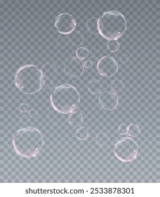 Bubble PNG. Set of realistic soap bubbles. Bubbles are located on a transparent background. Vector flying soap bubbles. Water glass bubble realistic png