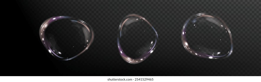 Bolha PNG. Conjunto de bolhas de sabão realistas. As bolhas estão localizadas em um plano de fundo transparente. Bolhas de sabão voador vetorial. Bolha de vidro de água png realista	