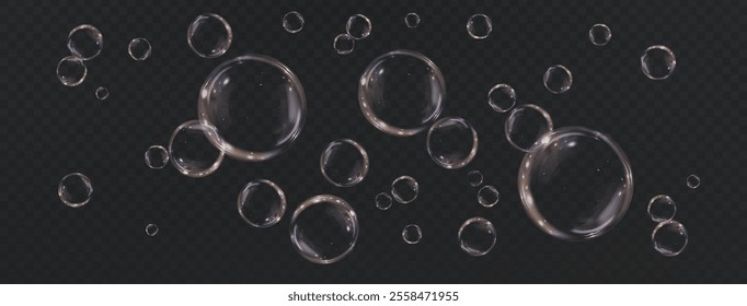 Bubble PNG. Set of realistic soap bubbles. Bubbles are located on a transparent background. Vector flying soap bubbles. Water glass bubble realistic png