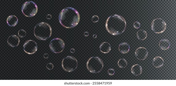 Bubble PNG. Set of realistic soap bubbles. Bubbles are located on a transparent background. Vector flying soap bubbles. Water glass bubble realistic png