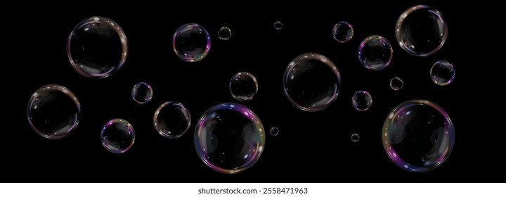 Bubble PNG. Set of realistic soap bubbles. Bubbles are located on a transparent background. Vector flying soap bubbles. Water glass bubble realistic png