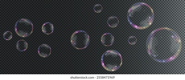 Bubble PNG. Set of realistic soap bubbles. Bubbles are located on a transparent background. Vector flying soap bubbles. Water glass bubble realistic png