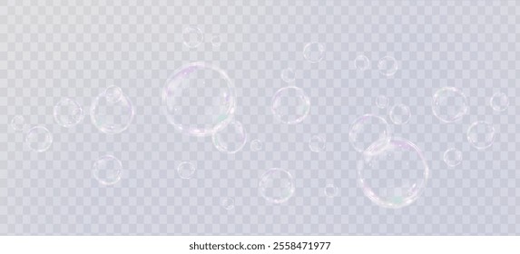 Bubble PNG. Set of realistic soap bubbles. Bubbles are located on a transparent background. Vector flying soap bubbles. Water glass bubble realistic png