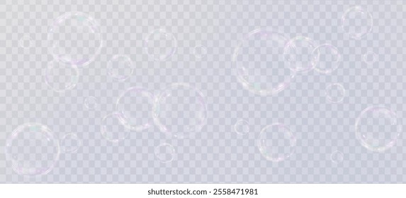 Bubble PNG. Set of realistic soap bubbles. Bubbles are located on a transparent background. Vector flying soap bubbles. Water glass bubble realistic png