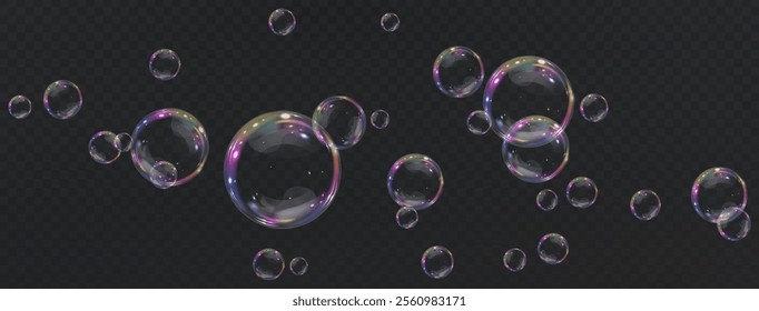 Bubble PNG. Set of realistic soap bubbles. Bubbles are located on a transparent background. Vector flying soap bubbles. Water glass bubble realistic png