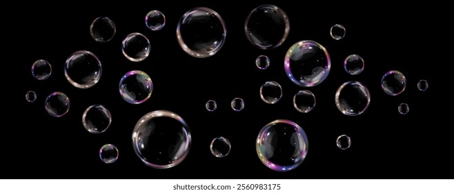 Bubble PNG. Set of realistic soap bubbles. Bubbles are located on a transparent background. Vector flying soap bubbles. Water glass bubble realistic png