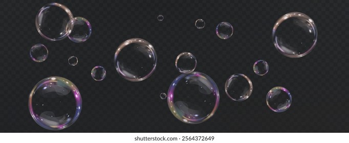 Bubble PNG. Set of realistic soap bubbles. Bubbles are located on a transparent background. Vector flying soap bubbles. Water glass bubble realistic png	
