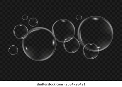Bubble PNG. Set of realistic soap bubbles. Bubbles are located on a transparent background. Vector flying soap bubbles. Water glass bubble realistic png