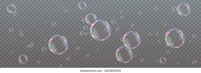 Bubble PNG. Set of realistic soap bubbles. Bubbles are located on a transparent background. Vector flying soap bubbles. Water glass bubble realistic png	