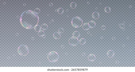 Burbuja PNG. Conjunto de burbujas de jabón realistas. Las burbujas se encuentran sobre un fondo transparente. Vector de burbujas de jabón voladoras. Burbuja de vidrio de agua realista png	