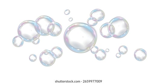 Burbuja PNG. Conjunto de burbujas de jabón realistas. Las burbujas se encuentran sobre un fondo transparente. Vector de burbujas de jabón voladoras. Burbuja de vidrio de agua realista png