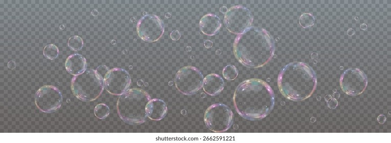 Burbuja PNG. Conjunto de burbujas de jabón realistas. Las burbujas se encuentran sobre un fondo transparente. Vector de burbujas de jabón voladoras. Burbuja de vidrio de agua realista png	