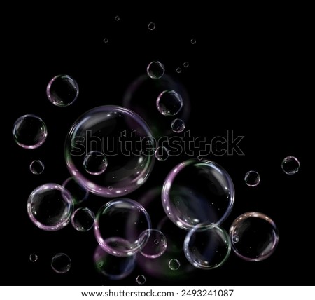 Bubble PNG. Set of realistic soap bubbles. Bubbles are located on a transparent background. Vector flying soap bubbles. Water glass bubble realistic png