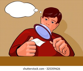 bubble pop art man with magnifying glass and a sheet of paper