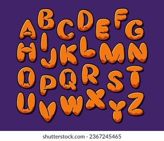 Bubble retro 90s style typeset. Capital letters. Halloween colored graffiti letters. Flat vector outline colored characters. Hand drawn typeset in flat style.