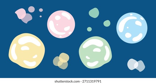 Conjunto de burbujas, ilustración de orbes de jabón. Paquete de burbujas flotante, burbujas de juego. Colección del motivo de la burbuja, Formas redondas del jabón