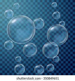 Bubble set, Transparent underwater blue soap color image. Vector