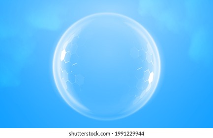 Геометрическая векторная иллюстрация пузырькового щита на синем фоне. Купольный щит футуристический для защиты в абстрактном светящемся стиле