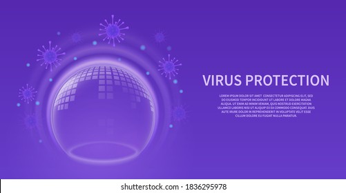 Bubble shield. Glowing transparent 3d sphere with pattern, virus barrier background. Infection protection purple horizontal banner, force energy field futuristic poster with copy space vector concept