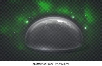 A bubble shield surrounded by green smoke on a transparent background. Bad smells toxic smog. Realistic vector illustration