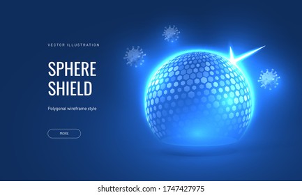 Bubble shield virus and infection protection vector illustration on a blue background. Template for protection and immunity in the form of an energy shield in an abstract glowing style