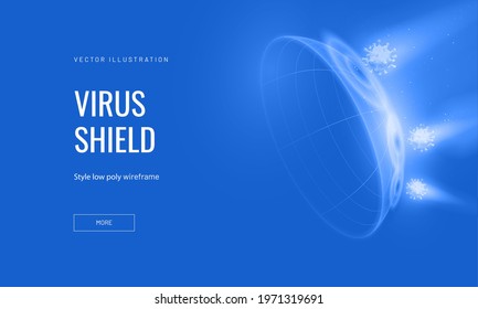 Bubble shield virus and infection protection vector illustration on a blue background. Security and immunity in the form of an energy shield in an abstract wireframe mesh style. 3D glowing element as 