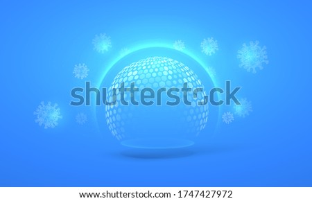 Bubble shield virus and infection protection vector illustration on a blue background. The sphere in the form of a force energy field or barrier is protected from external factors in an abstract style