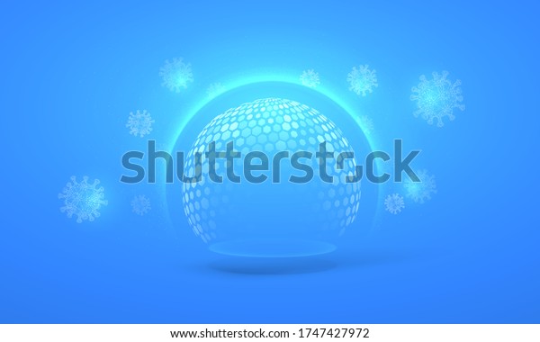 Bubble shield virus and infection protection vector\
illustration on a blue background. The sphere in the form of a\
force energy field or barrier is protected from external factors in\
an abstract style
